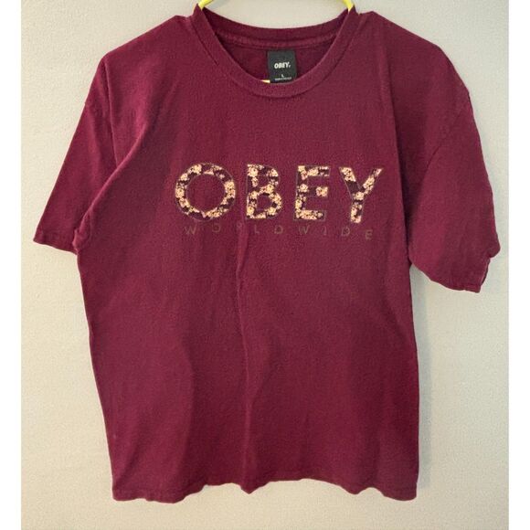 Obey Worldwide Floral Logo Tee – Men's Size L Burgundy Streetwear Graphic Shirt - Picture 1 of 2